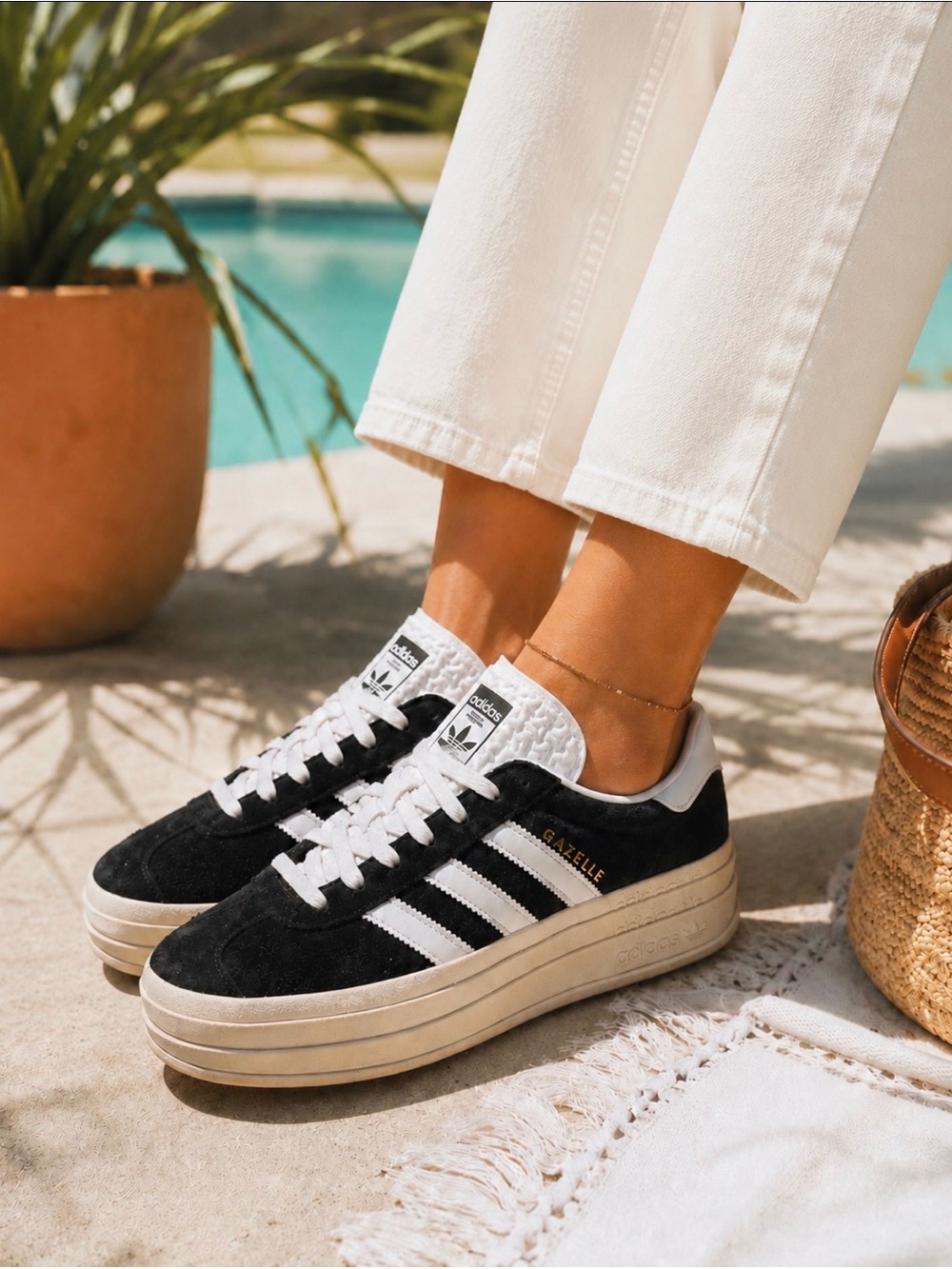 Adidas Gazelle Bold platform sneakers in black and white size 8